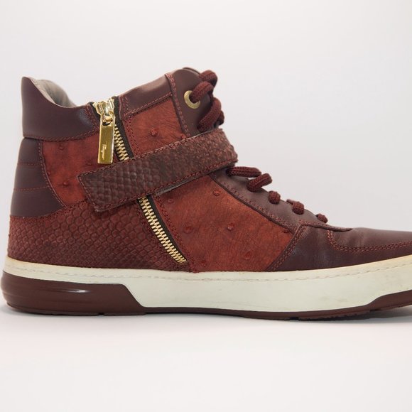 SALVATORE FERRAGAMO Size 9 Burgundy Leather Nayon Gancio High Top Sneakers - Picture 3 of 15